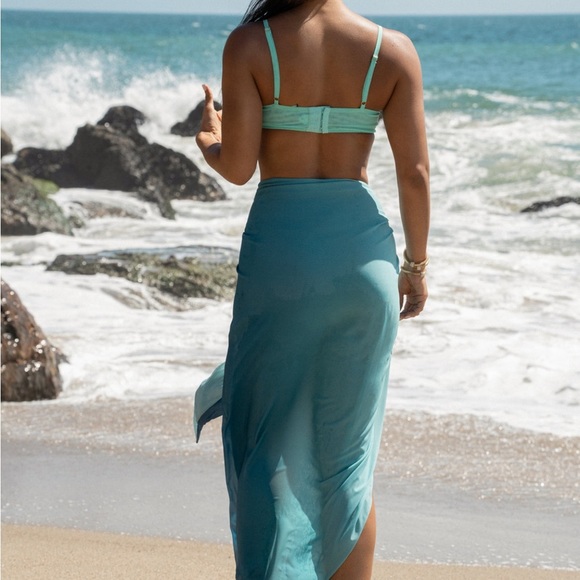 NEW JLUXLABEL Light Blue High Tides Bikini Mesh Ruched Top - Picture 15 of 16